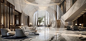 A luxury hotel lobby with an elegant 3D marble wall pattern in white and grey,