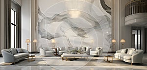 A luxury hotel lobby with an elegant 3D marble wall pattern in white and grey,