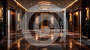 Luxury hotel lobby elevators, marble, gold, lighting, interior design