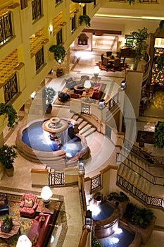 Luxury hotel lobby with fountains