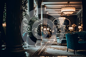A luxury hotel lobby with furniture, large pillars and green plants, Generative AI