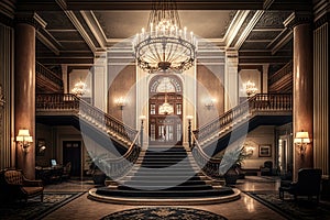luxury hotel lobby with grand staircase and crystal chandelier, a perfect setting for movie scene