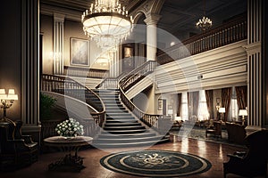 luxury hotel lobby with grand staircase and crystal chandelier, a perfect setting for movie scene