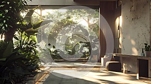 Luxury hotel lobby interior with tropical plants and sunlight, Generative AI illustrations