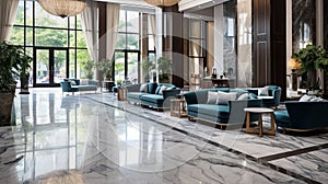 Luxury hotel lobby lounge area with sofa used for guests to wait for check in process and registration. Spacious resort entrance