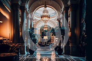 A luxury hotel lobby with pillars and green plants, Generative AI
