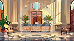 A luxury hotel lobby with a reception desk, tables with chairs, flowers, and plants. A modern cartoon illustration shows