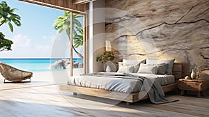 Luxury Hotel Modern interior bedroom with large windows. Summer scene ocean side. Summer, travel, vacation,