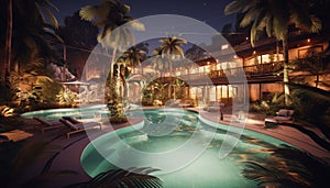 Luxury hotel with palm trees, poolside relaxation in twilight generated by AI