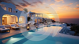 Luxury hotel with pool and view of Mediterranean Sea at sunset