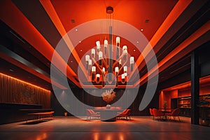 luxury hotel reception hall with red lighting and wooden floor. generative ai