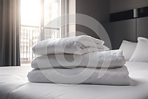 luxury hotel resort service fresh towel bed home white room. Generative AI.