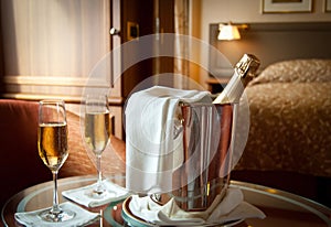 Luxury hotel room with champagne