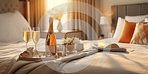 Luxury hotel room with champagne bottle and glasses for romantic vacation.Space for text.AI Generative