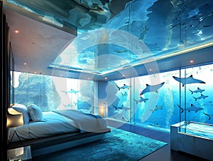 luxury hotel room with a glass ceiling overlooking the pool above the bed with lots of stingray fish swimming