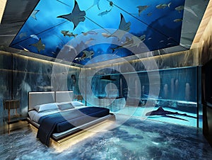 luxury hotel room with a glass ceiling overlooking the pool above the bed with lots of stingray fish swimming