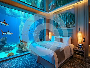 luxury hotel room with a glass ceiling overlooking the pool above the bed with lots of stingray fish swimming