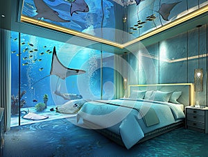 luxury hotel room with a glass ceiling overlooking the pool above the bed with lots of stingray fish swimming