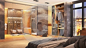 Luxury hotel room with large bathroom and closet