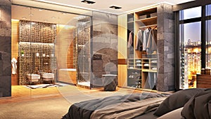Luxury hotel room with large bathroom and closet photo