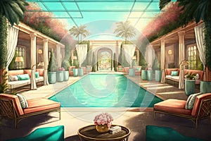 luxury hotel swimming pool with cabanas, lounge chairs and cocktails