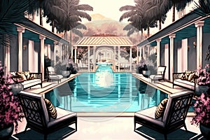 luxury hotel swimming pool with cabanas, lounge chairs and cocktails