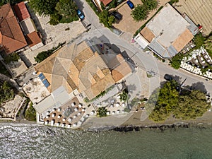 Luxury hotel,swimming pool drone photo.. Aerial view of the beach and swimming pool at luxury resort. Holiday Resort in Zakynthos