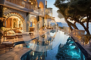 Luxury hotel swimming pool at sea