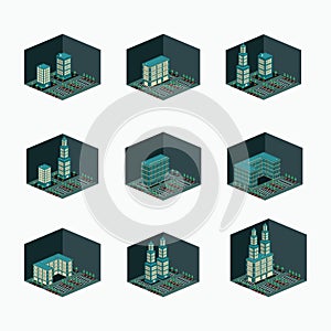 Luxury hotel, twin tower, u shape building, mall, super market vector design - isometric construction building set