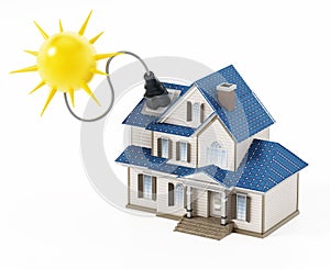 Luxury house covered with solar panels colllecting sunbeam. 3D illustration