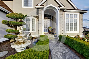 Luxury house exterior. Entrance porch view