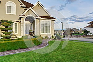 Luxury house exterior. Entrance porch view