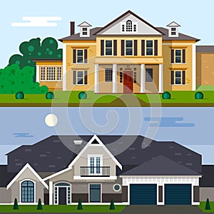 Luxury house exterior vector illustration in flat style design. Home facade and yard