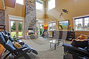 Luxury house interior. Living room with fireplace