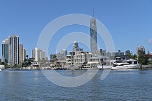 Luxury house on Nerang river against Surfers Paradise skyline Queensland Australia