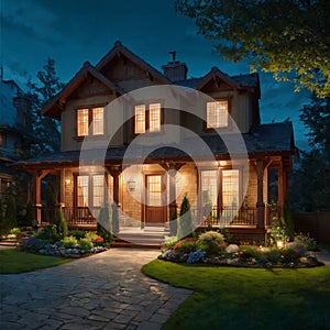 Luxury house at night in Vancouver, Canada. made with Generative AI