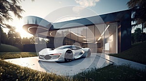 Luxury house with sleek supercar parked outside