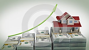 Luxury house standing on top of dollar bills. Rising house prices concept. 3D illustration