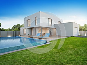 Luxury house with swimming pool and terrace near lawn in modern design, Empty front yard at vacation home or holiday villa