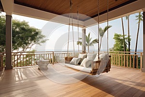 Luxury house with veranda with hanging swing with beach view