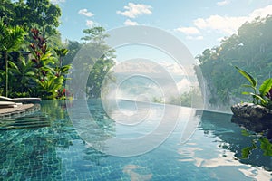 Luxury infinity pool with rainforest view below sunny blue sky