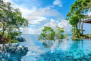 Luxury infinity pool with rainforest view below sunny blue sky