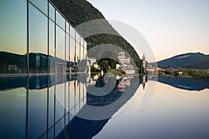 Luxury infinity swimming pool. Laveno, lake lago Maggiore, Italy