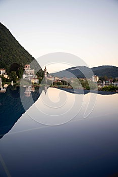 Luxury infinity swimming pool. Laveno, lake lago Maggiore, Italy