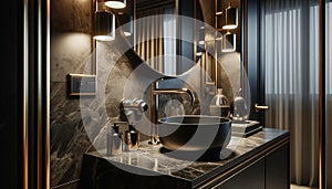 luxury interior in an apartment bathroom. The scene features a stainless steel faucet, adding a sleek and modern