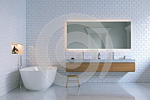 Luxury interior bathroom with bricks walls. 3d render.