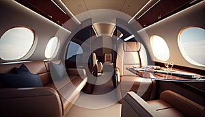 Luxury interior in bright colors in the private business jet