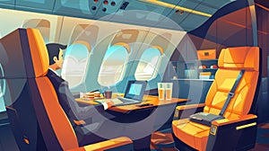 Luxury interior of business class airplane. Modern cartoon illustration with businessman working on notebook, orange