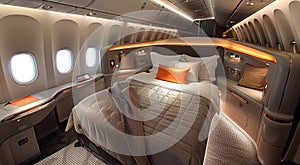 Luxury interior of business first class airplane or private jet with double bed in prive room.Macro.AI Generative photo