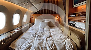 Luxury interior of business first class airplane or private jet with double bed in prive room.Macro.AI Generative